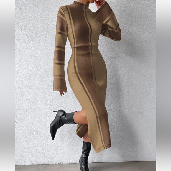 Cozy Striped Pattern Slit Hem Sweater Dress - Picture 4 of 7